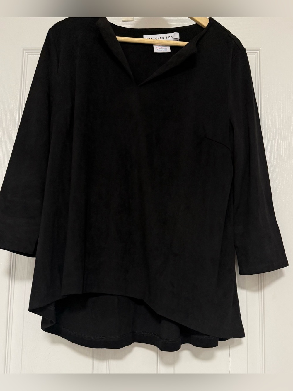 Gretchen Scott Black Faux Suede Split Neck Asymmetrical Tunic Top 3/4 Sleeve M